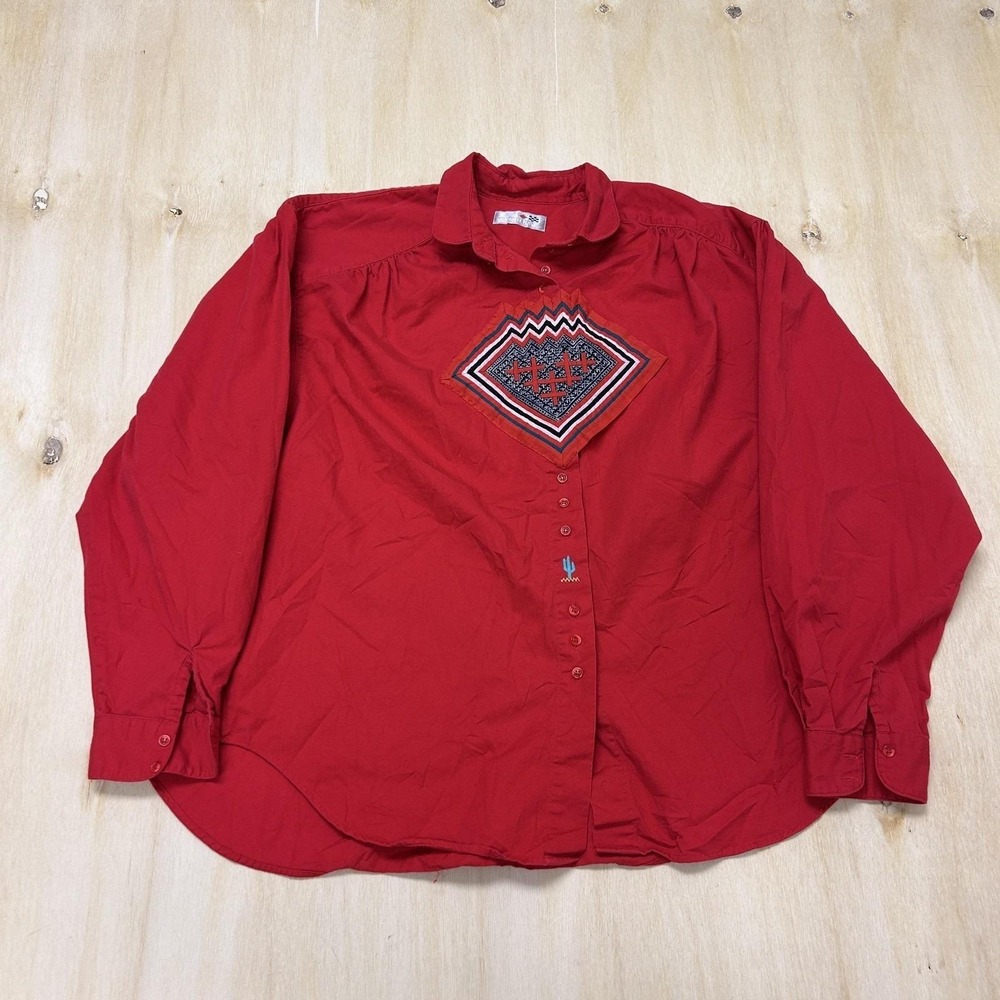 Vintage French Navy Shirt Mens L Red Long Sleeve Button Up Western Southwestern